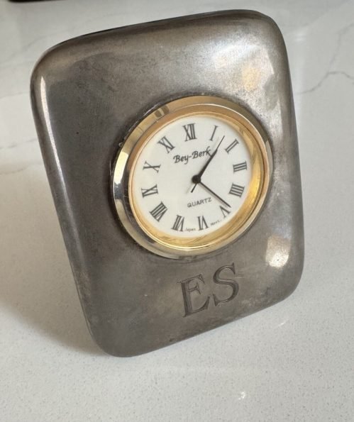 Vintage Bey-Berk Silver Plated Desk Clock Paperweight Quartz Powered Works