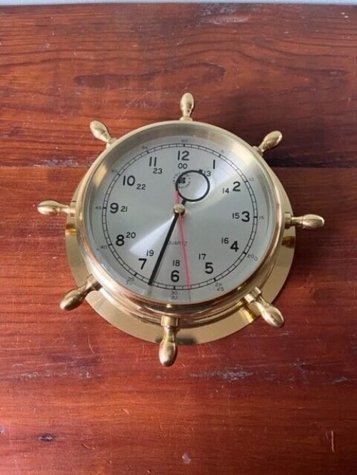 Vintage Bey Berk Brass Ship Wheel Wall Clock ~ Excellent Vintage Condition ~