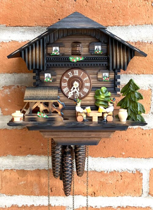 Vintage Black Forest GASTHAUS CUCKOO CLOCK w/Drinkers & Water Wheel/All-Wood