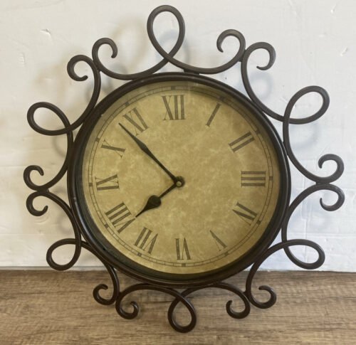 Vintage Black Metal Welded Roman Numeral Wall Clock 12" Round Brown Works