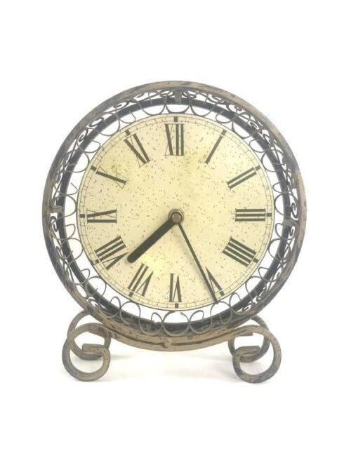 Vintage Black Metal Wrought Iron Desk Clock 10.25" Tall Pre-Owned Tested