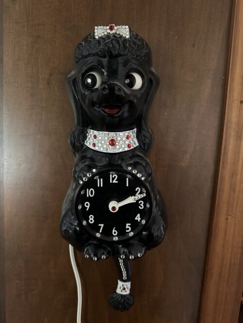 Vintage Black Poodle Clock with Moving Eyes Working Kit Kat Jeweled