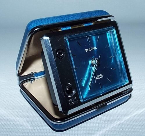 Vintage Blue Bulova Quartz Lite Alarm Clock Travel Size in Case Runs Fantastic
