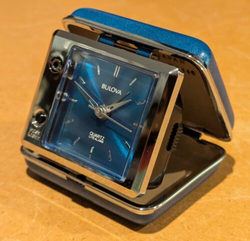 Vintage BLUE Bulova Travel Quartz Lite Alarm Clock with Case Tested & Working