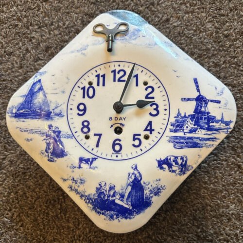 Vintage Blue Germany Delft Porcelain 8-Day Wind-Up Wall Clock *MISSING PENDULUM*