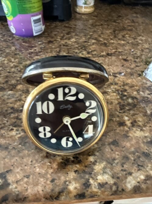 Vintage Bradley Folding Travel Alarm Clock Round Clamshell - Works