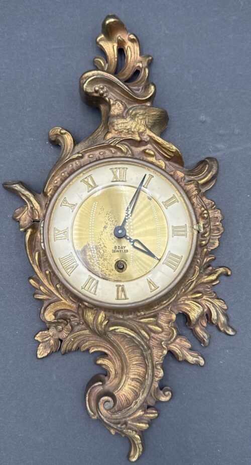 Vintage Brass Bronze ornate MCM French provincial 8 Day Jeweled Wall Clock
