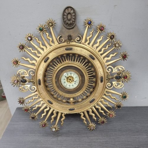 VINTAGE BRASS BRONZE WALL CLOCK JEWELED SUN RARE 1890-1910 starburst jeweled 14"