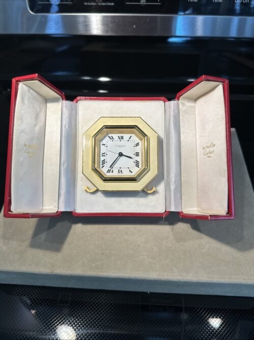 Vintage Brass Must De Cartier Beige Enamel Travel Alarm Desk Clock W/Box~ Works
