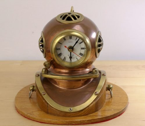 Vintage Brass Сopper Divers Helmet Ship's Clock on Wood Base Quartz
