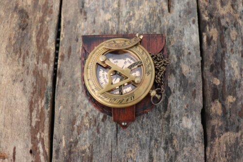 Vintage Brass sundial compass with chain & leather Box nautical gift Compass
