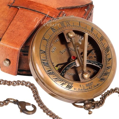 Vintage Brass Sundial Compass with Leather Case and Chain, Brujula de Bolsillo,