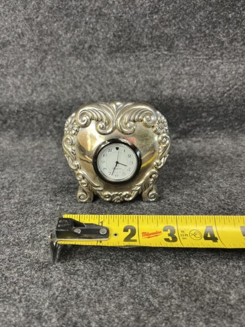 Vintage Brighton Desk Clock Silver Tone Heart Shaped & Scroll 1996