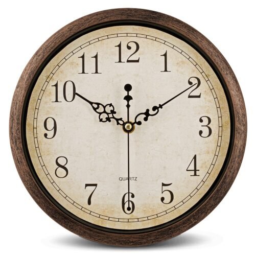 Vintage Brown Wall Clock Silent Non Ticking 10 Inch Quality Quartz Battery Op...