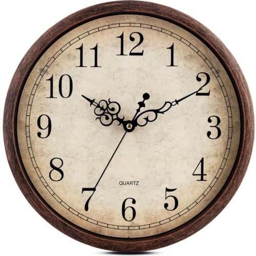 Vintage Brown Wall Clock Silent Non Ticking 12 Inch Quality Quartz Battery Op...