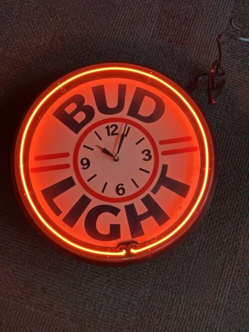 Vintage BUD LIGHT Budweiser Neon 19.5" Lighted Wall Clock Beer Bar Sign Rare