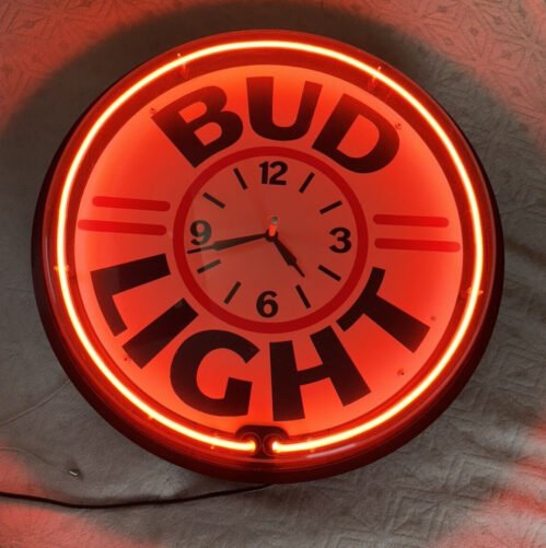 Vintage Bud Light Neon 20" Lighted Clock w/ Rebuilt Clock Mechanism 01/29/25