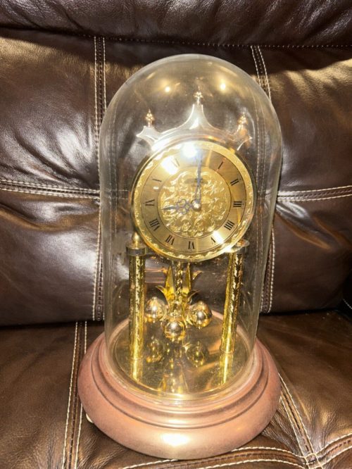 Vintage Bulova Anniversary Clock Glass Domed Wooden Base Gold Tone