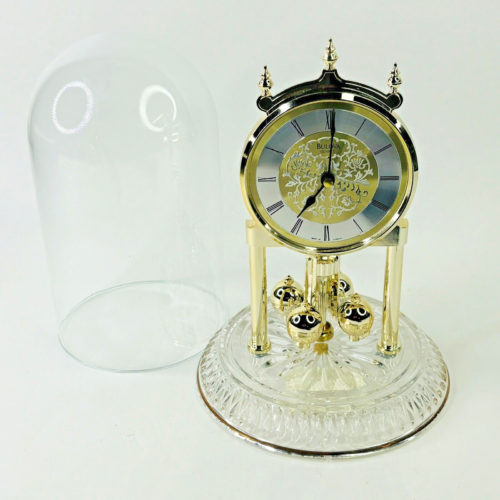 Vintage Bulova Anniversary Mantle Clock Torsion Pendulum Gold Tone Glass Dome 9"