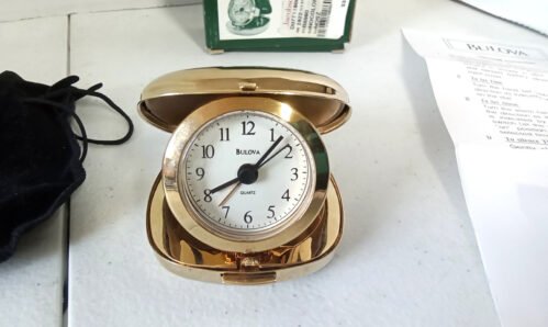 Vintage Bulova folding Battery desk clock W/ Box