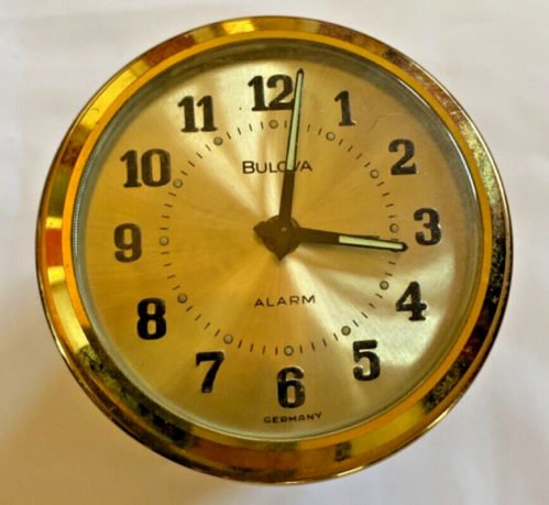 Vintage BULOVA GERMANY Metal Desk Alarm Clock Pen Holder Gold Color w/ box