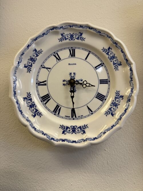 Vintage Bulova Gien France Blue and White Plate Wall Clock, 10" Diameter