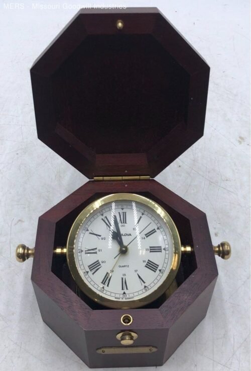 Vintage Bulova Gold Clock In Brown Wooden Box