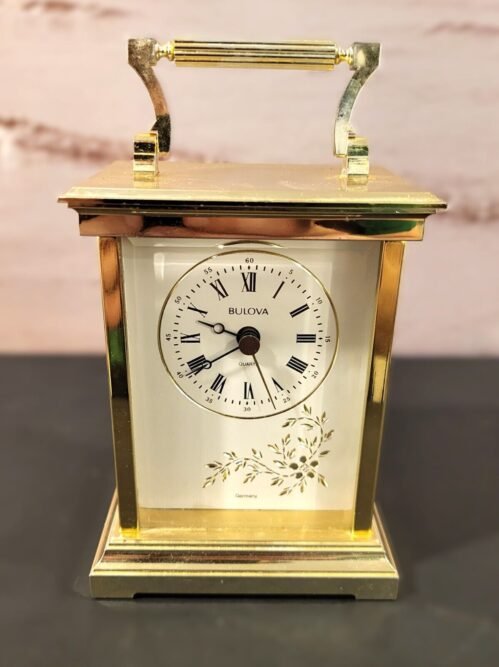 Vintage Bulova Gold Tone Small Carriage Desk Clock Battery Germany 10x 12 550g