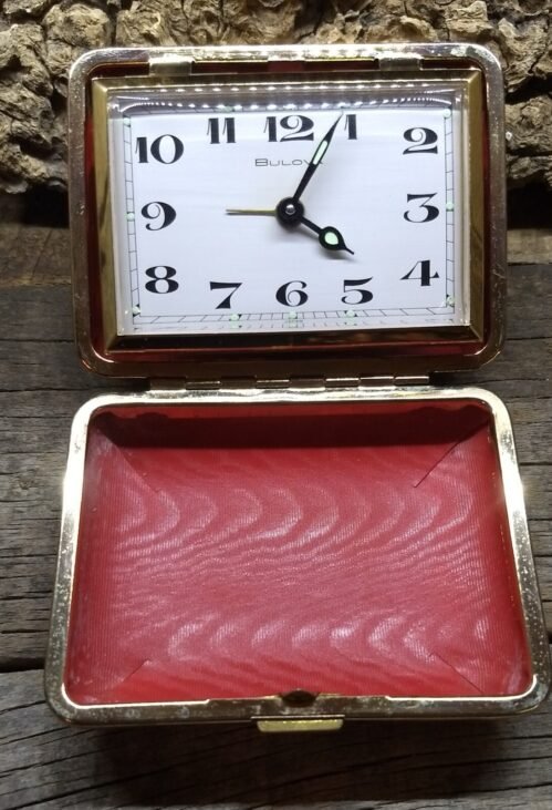 Vintage Bulova Key Wind Travel Alarm Clock, RED/ Gold Trim Glow Details, W/BOX