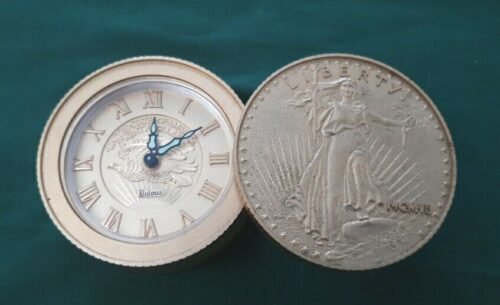 Vintage Bulova Lady Liberty Gold Twenty Dollar Wind Up Alarm Desk Clock Japan