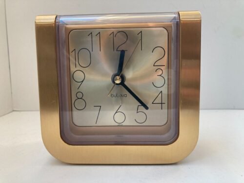 Vintage Bulova Mid Century Modern Brass Desk Clock Alarm Working Japan 7RB004
