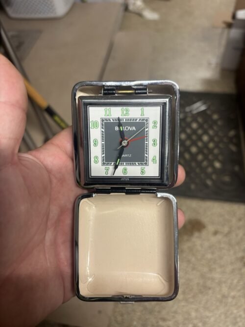 Vintage Bulova Quartz Travel Alarm Clock Japan Folding Case w/ Original Box