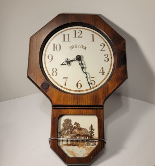 Vintage Bulova Wall Clock – Wooden Octagon Case – Cottage Scene – Works