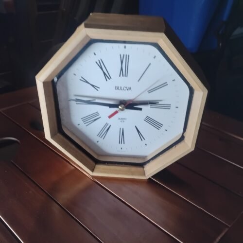 Vintage Bulova Wooden Wall Clock Octagon Wood Quartz Roman Numerals USA