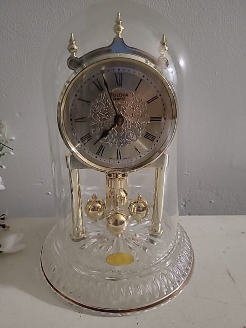 Vintage Bulov Glass Dome Mantle Clock Gold White Face Made In Germany WORKING !!