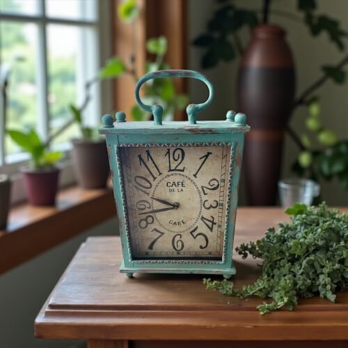 Vintage Café de la Gare Table Clock – Distressed Teal Metal French Style