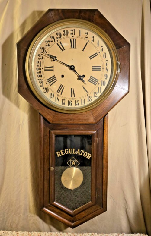 Vintage Calendar Long Drop Octagon Regulator Wall T&S Clock