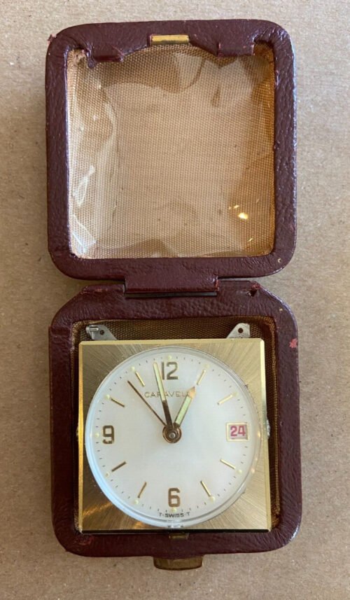Vintage Caravelle 7 Jewels Swiss Traveling Alarm Clock Watch Gold Leather Case