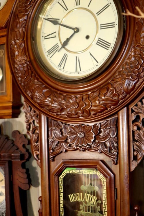 Vintage Carved Walnut 8 Day 52" Tall Regulator Chime Wall Clock Key Working