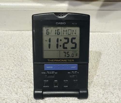 Vintage Casio Travel Clock PQ15 PQ-15 w/ Temp & Light - Fully tested and works
