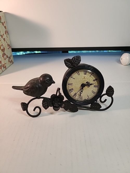 Vintage Cast IRON Bird And Wrought Iron Flower Hand-Crafted Clock