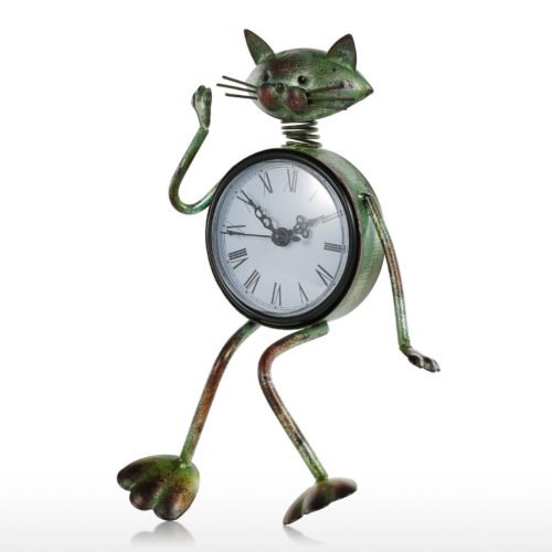 Vintage Cat Clock Handmade Metal Iron Cat Figurine Mute Table Clock Practical