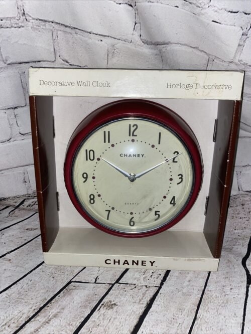 Vintage Chaney Red Round Dinner Metal Wall Clock Battery Operated New!