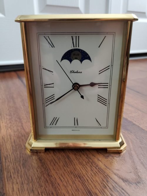 Vintage Chelsea Moon Phase 5.75" Hermle 2100 Brass Mantel Shelf Desk Clock Works