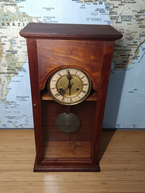 vintage cherry wood wall clock with pendulum chime windup with key as is