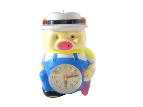 Vintage Child's Farmer Pig Blue Pants Plastic Table Clock