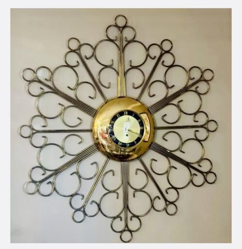 Vintage Clock Sunburst MCM Atomic Gold Sm1958 Eight Day Brass Large!