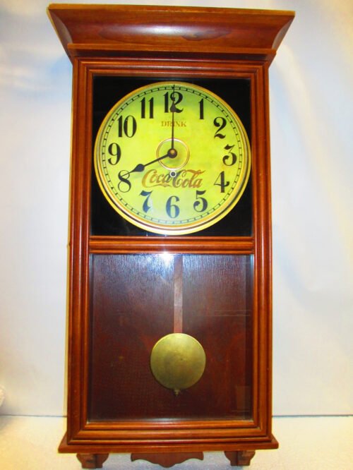 Vintage Coca Cola Clock Beautiful Cherry Wood and Glass, Regulator Pendulum