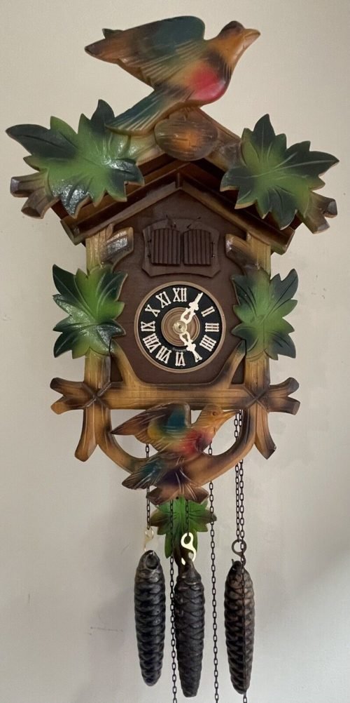 Vintage Colorful Bird Leaves Black Forest Weight Driven Musical Cuckoo Clock