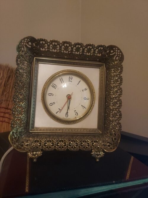 Vintage Columbia MCM Ornate Brass & Glass Desk Alarm Clock